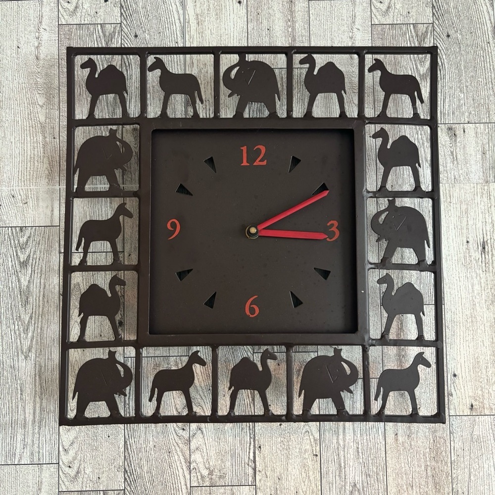 Square Black Metal Wall Clock Laser Cut Camels & Elephants Battery Operated